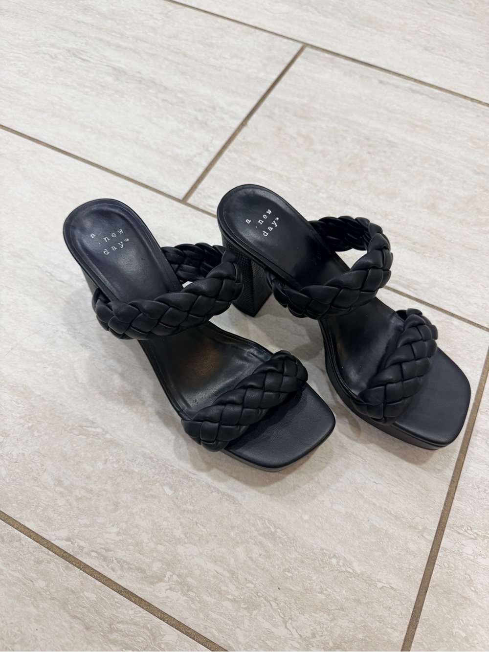 A New Day Black Braided Block Heel Sandals Size 6
